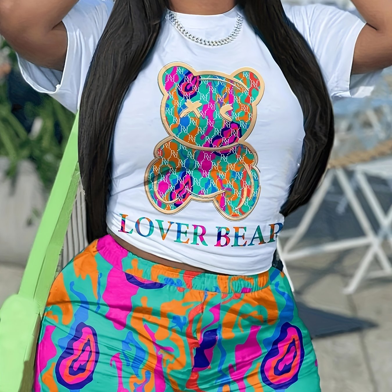 Cartoon Bear & Letter Print Crop Top & Shorts Set