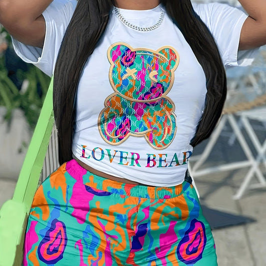 Cartoon Bear & Letter Print Crop Top & Shorts Set