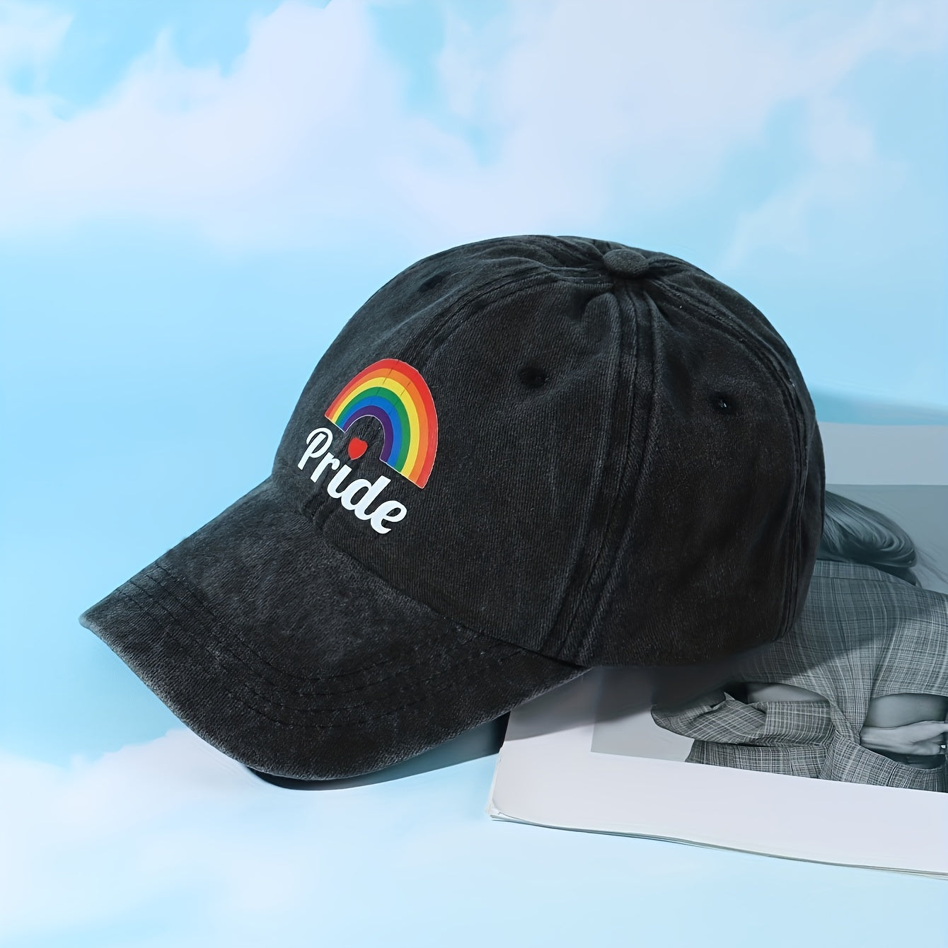 PRIDE Rainbow Print Baseball Cap Gray Washed Distressed Y2K Dad Hats Lightweight