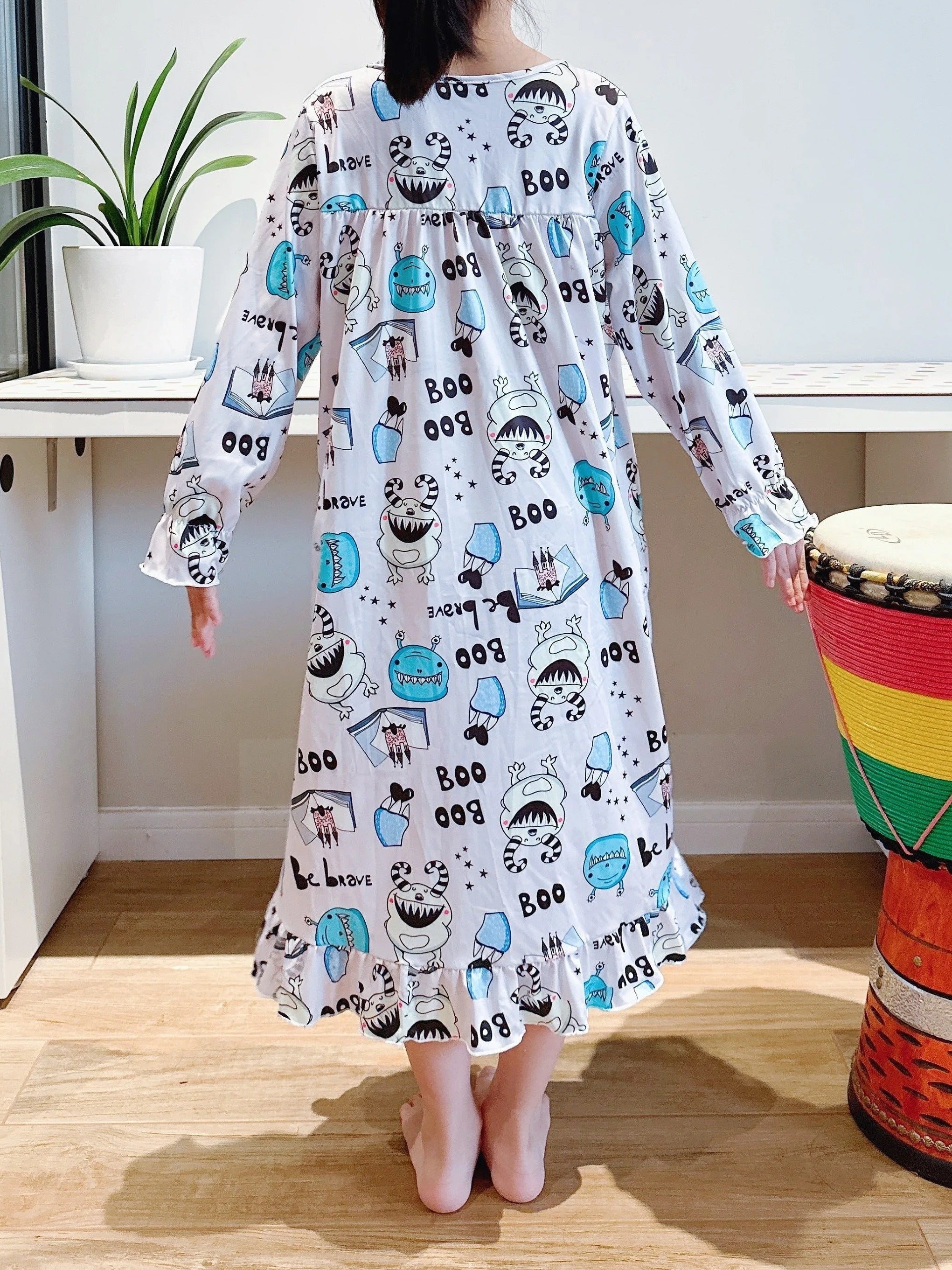 Ghost Pattern Girl's Nightgown Lace Decor Halloween Style Pajama