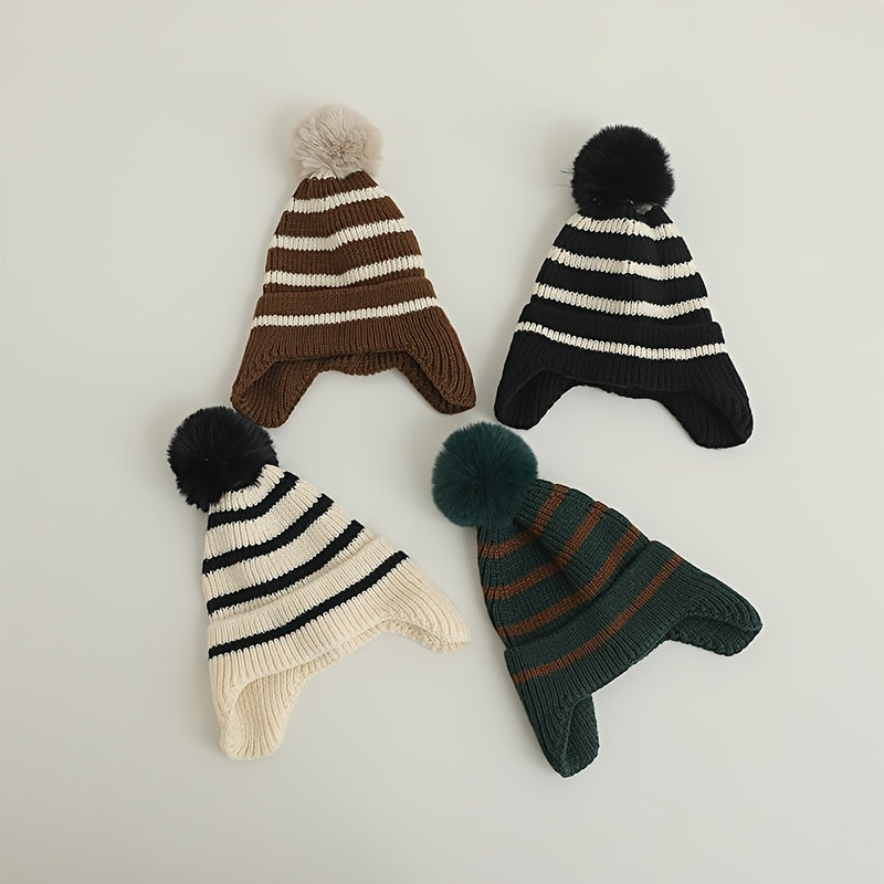 Striped Wool Ball Knitted Hat for Baby Boy and Girl