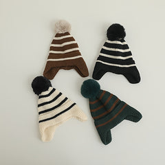 Striped Wool Ball Knitted Hat for Baby Boy and Girl