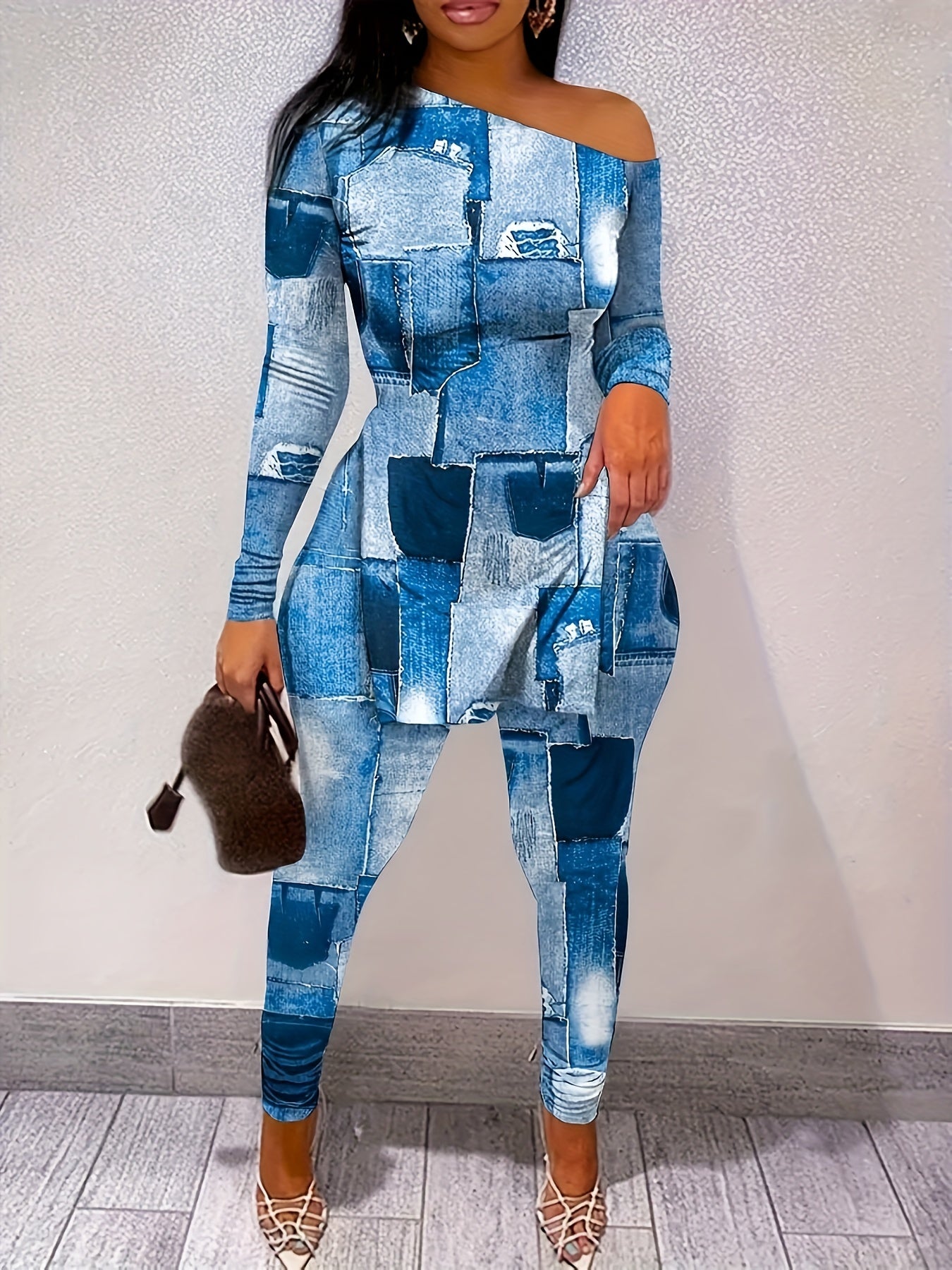Patchwork Print 2pc Set Asymmetrical Neck Long Sleeve Top & Skinny Pants