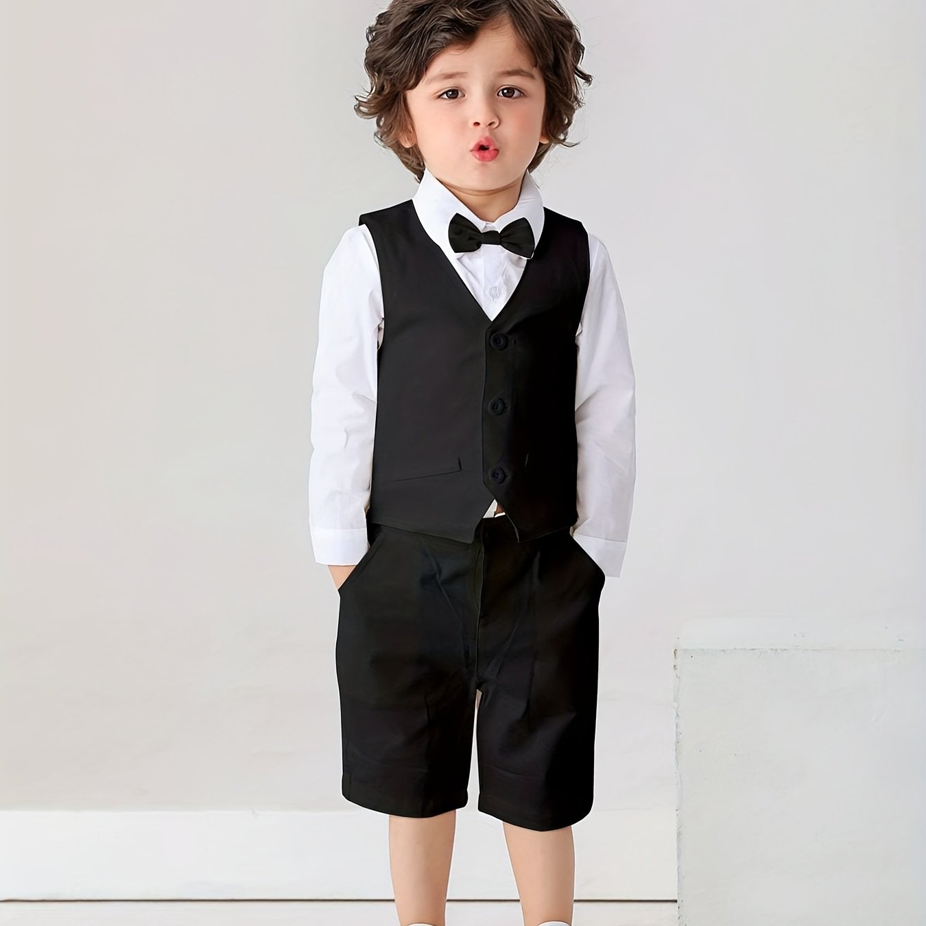 Baby Toddler Gentleman Suits Dress Shirt with Bow and Vest and Shorts