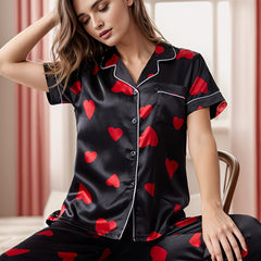Heart Print Pajama Set Short Sleeve Top & Pants Women's Sleepwear
