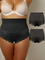 2 Pack Plus Size Panties Set Women's Plus Contrast Lace High Rise Tummy Control