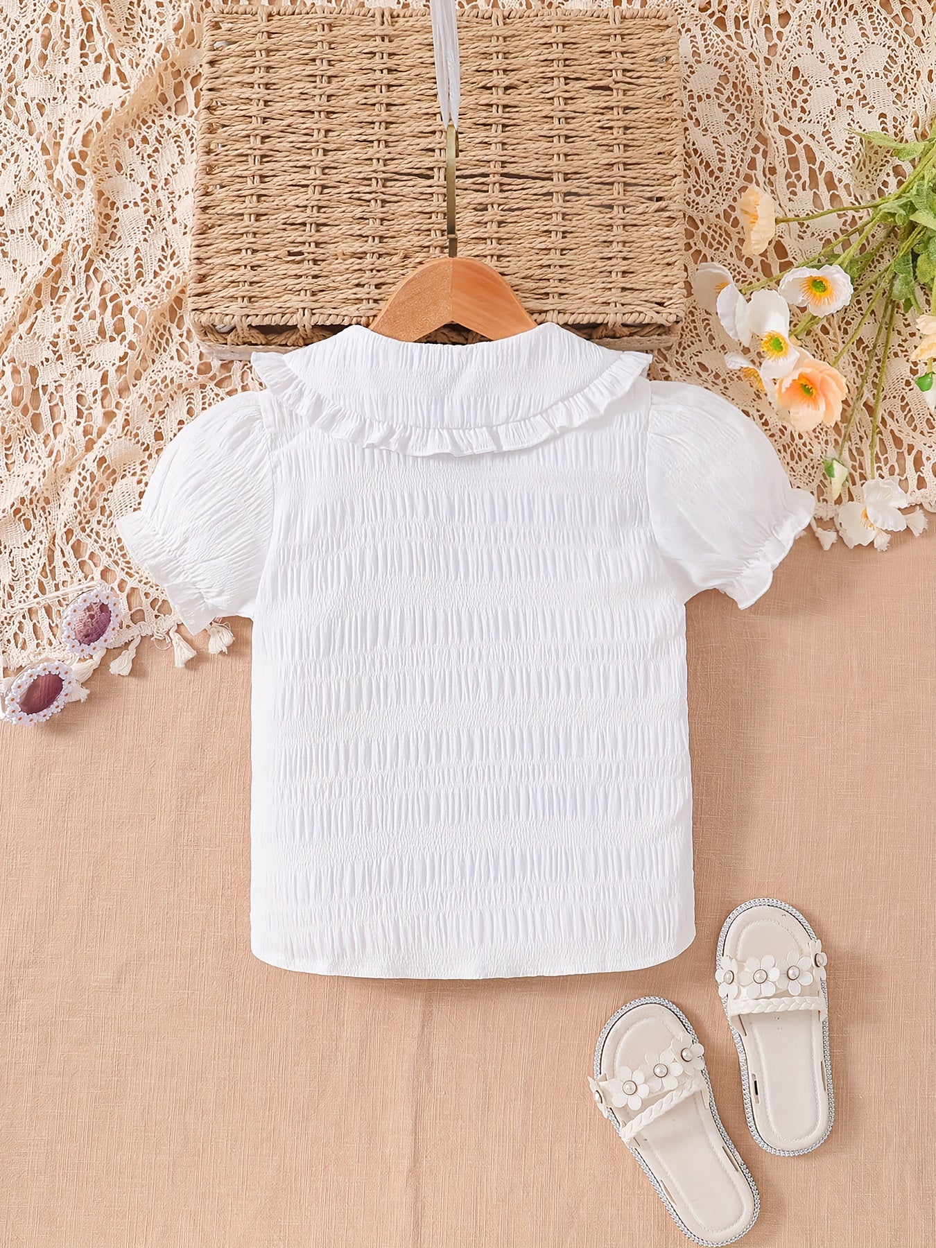 Girls Puff Sleeve Button Collared Blouse
