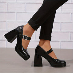 Women's Block Heeled Mary Jane Square Toe High Heels