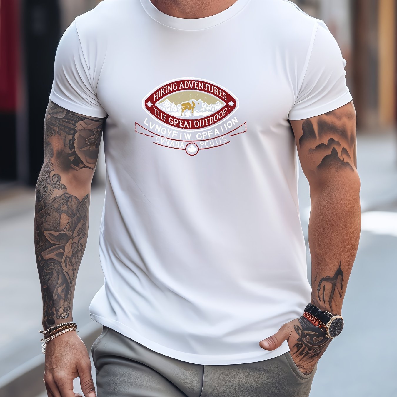 Men's Printed Sports Tee Shirt Stretch Round Neck