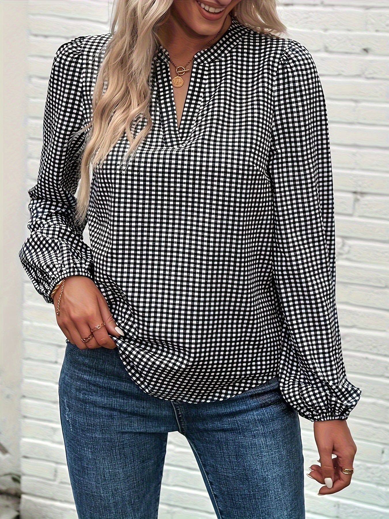 Plaid Print Lantern Sleeve V Neck Shirt Top