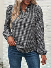 Plaid Print Lantern Sleeve V Neck Shirt Top