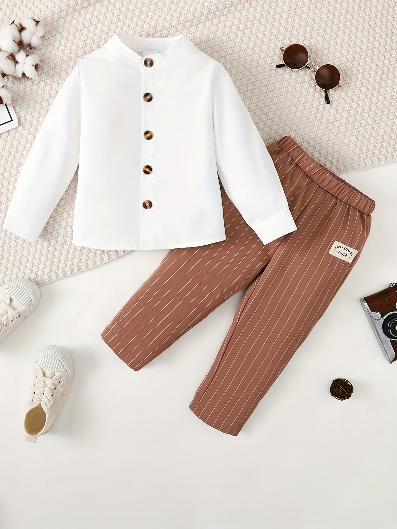 Boy's Mock Neck Shirt & Stripe Pattern Pants Set