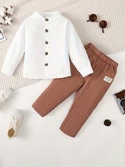 Boy's Mock Neck Shirt & Stripe Pattern Pants Set