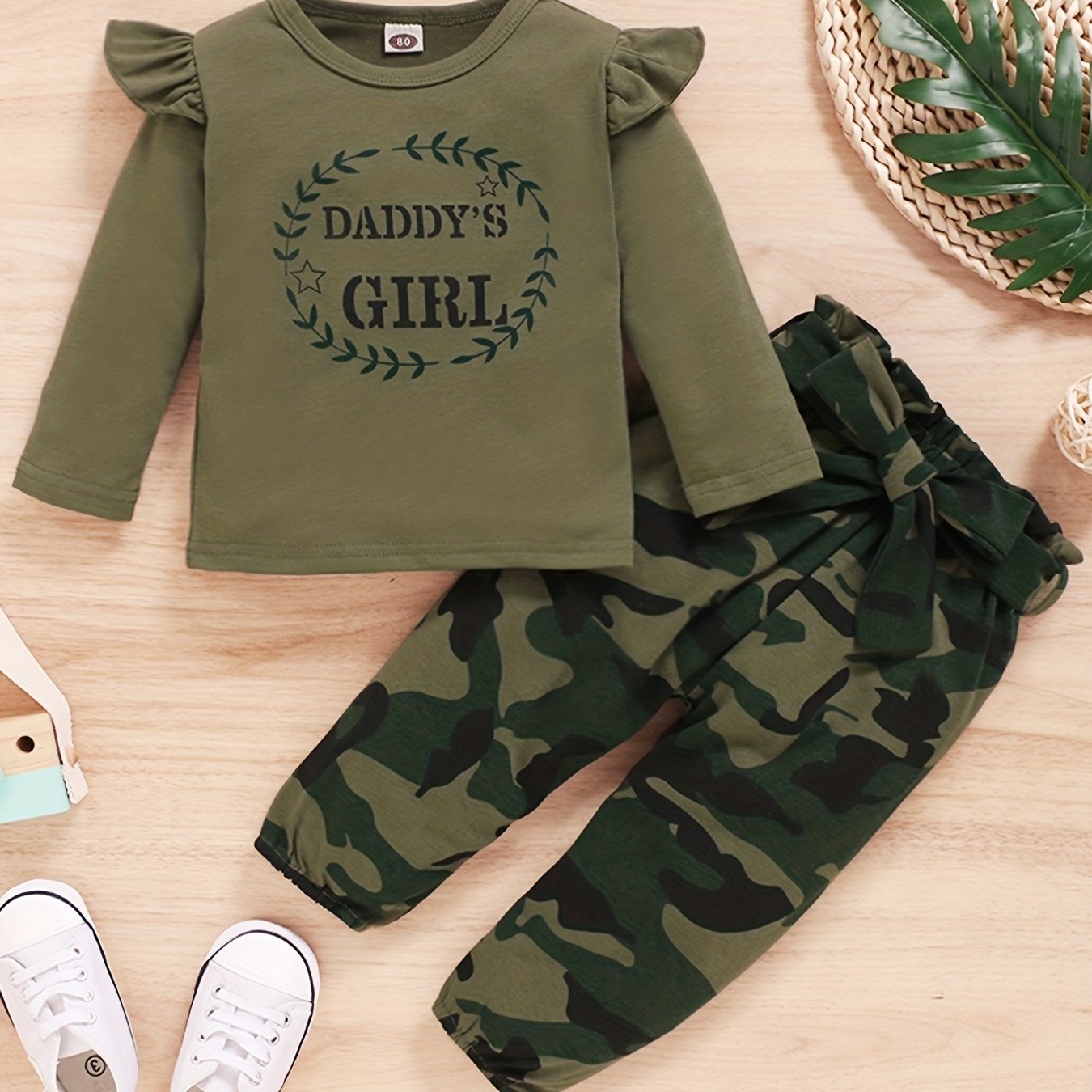 2pcs Baby Girl Letter Long Sleeve Top Camouflage Trousers Set