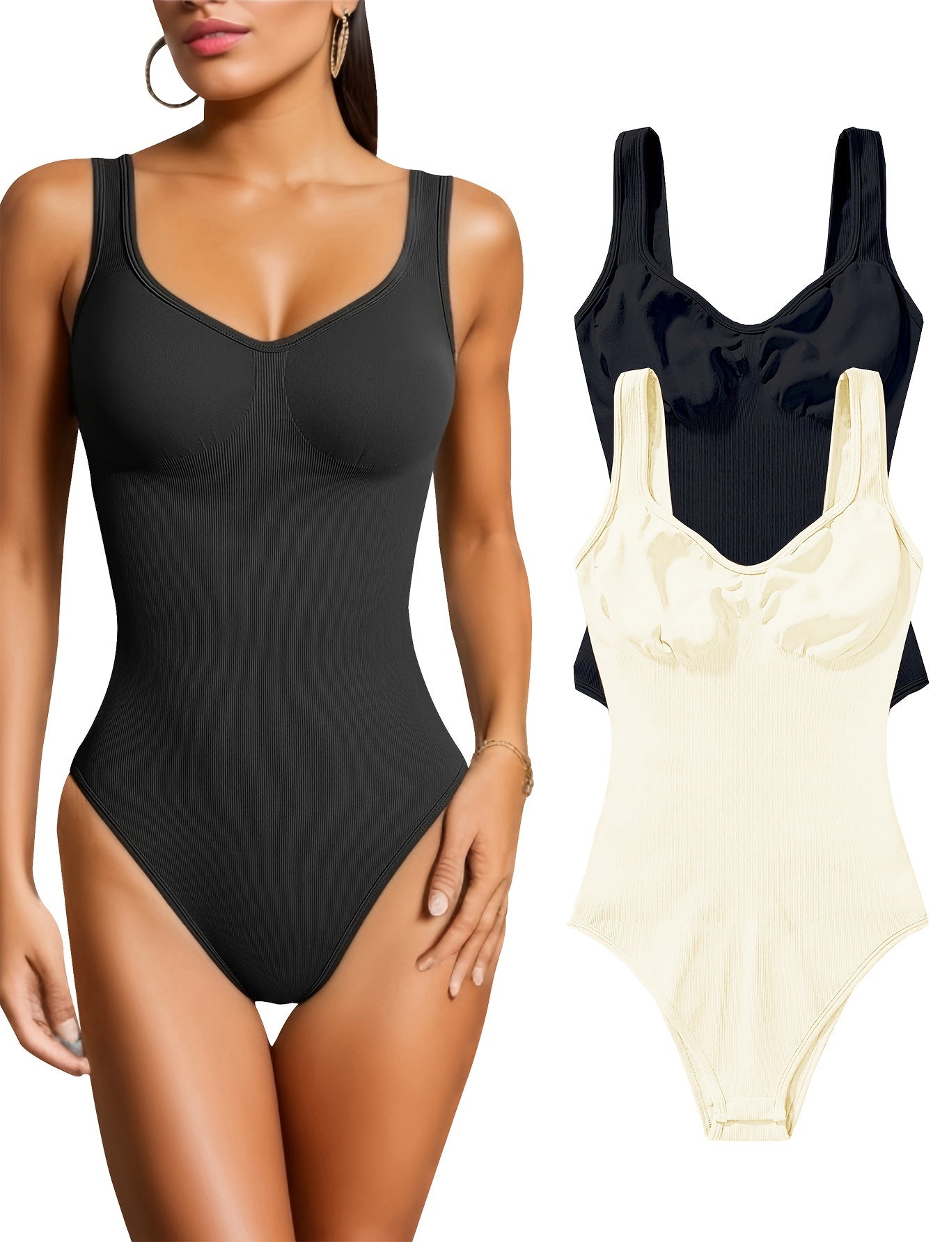 2pcs Ribbed Sleeveless Yoga Bodysuit Solid Tank Top Jumpsuit