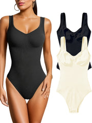 2pcs Ribbed Sleeveless Yoga Bodysuit Solid Tank Top Jumpsuit