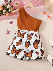 Toddler Girls Butterfly Graphic One Shoulder Rompers Jumpsuits
