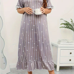 Plus Size Nightdress Women's Plus Stripe & Heart Print Short Sleeve