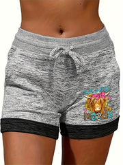 Cow Head Print Drawstring Casual Shorts for Spring & Summer