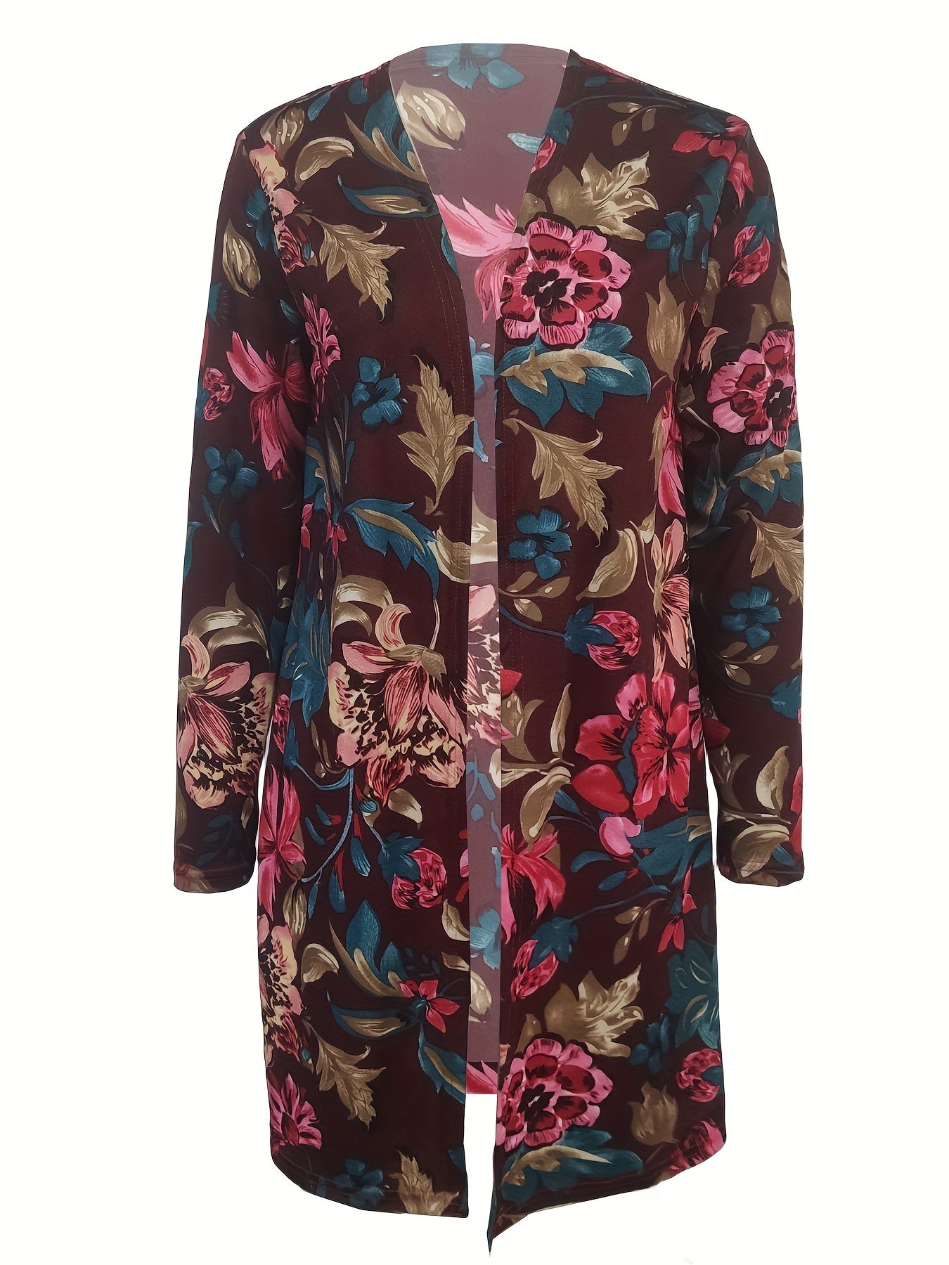 Floral Print Open Front Cardigan Long Sleeve Outerwear
