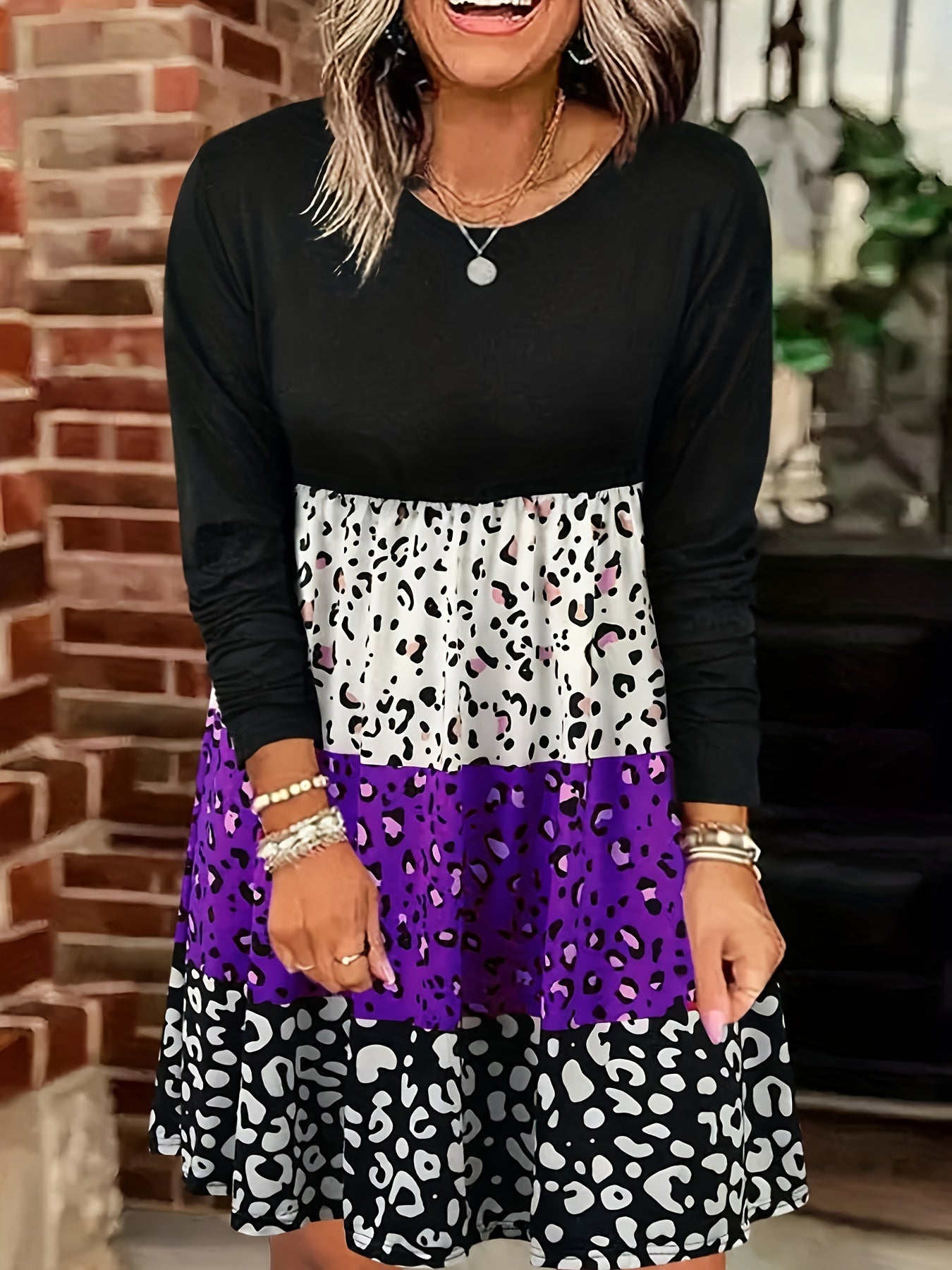 Colorblock Leopard Print Long Sleeve Round Neck Knee Length Dress
