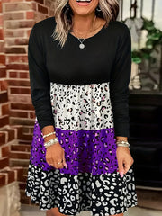 Colorblock Leopard Print Long Sleeve Round Neck Knee Length Dress