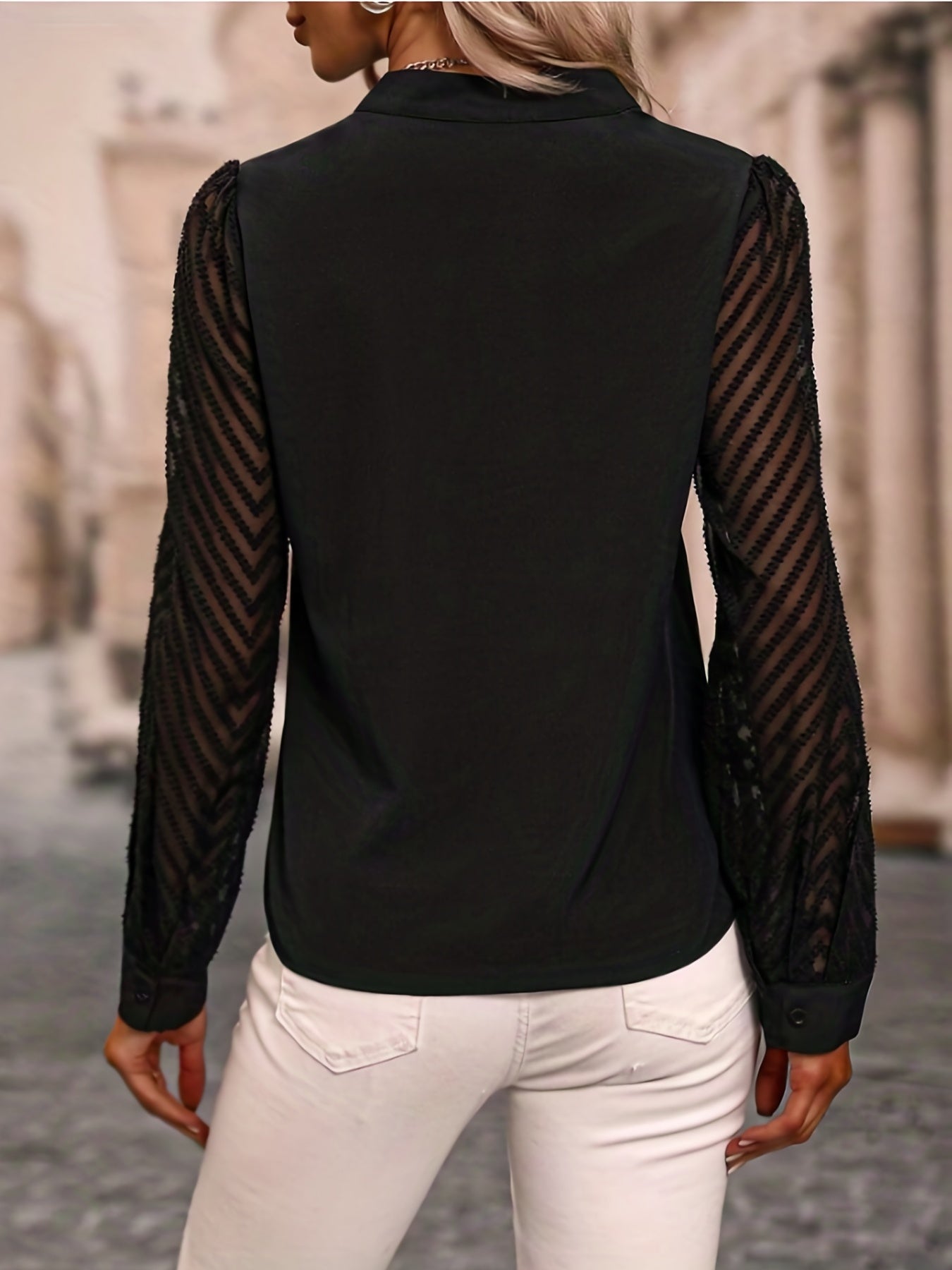 Casual Blouse Women's Plus Solid Striped Long Sleeve Notched Neck Top