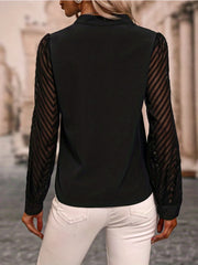 Casual Blouse Women's Plus Solid Striped Long Sleeve Notched Neck Top