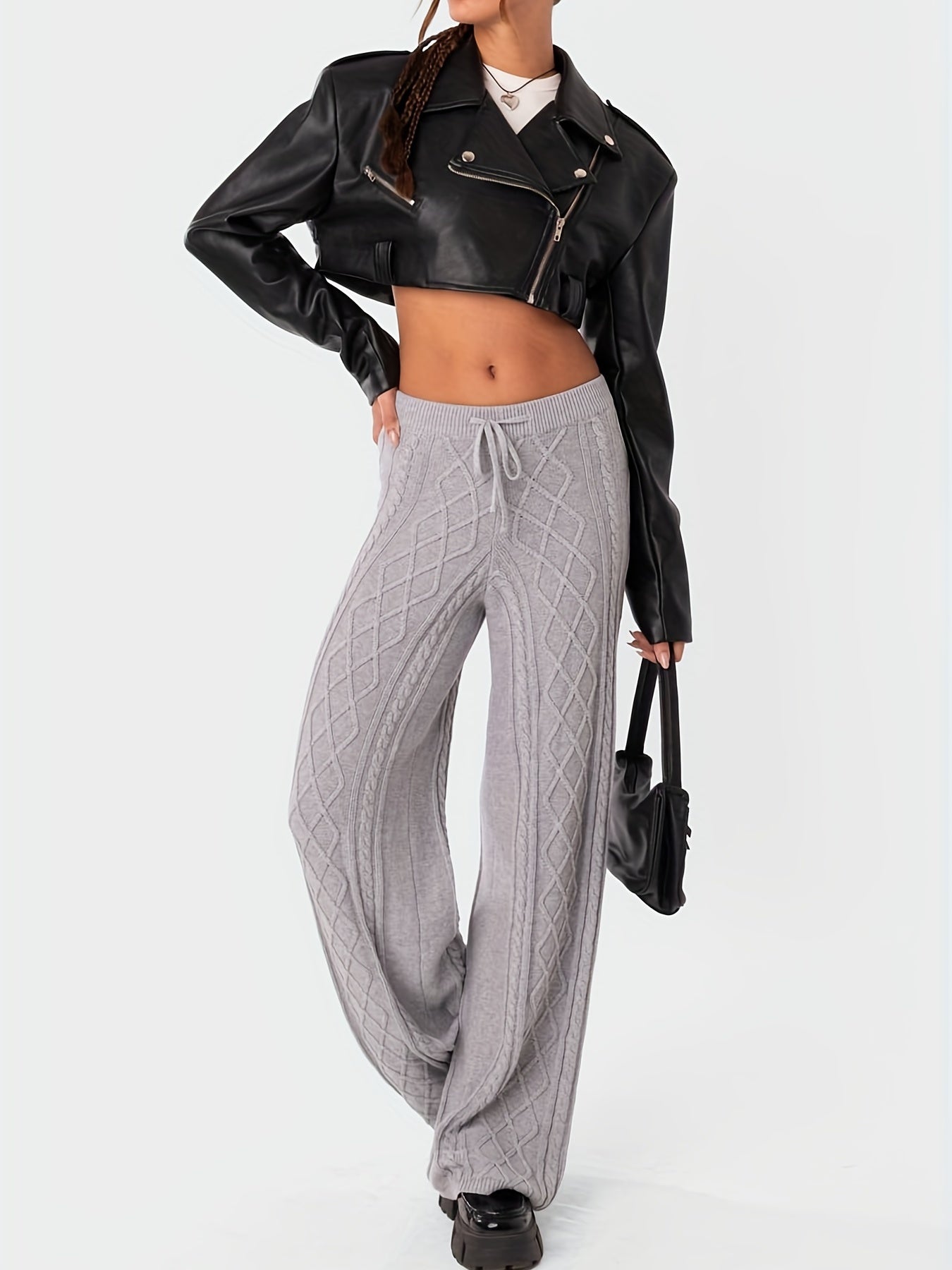 Street Style Sweater Pants Elastic Drawstring High Rise