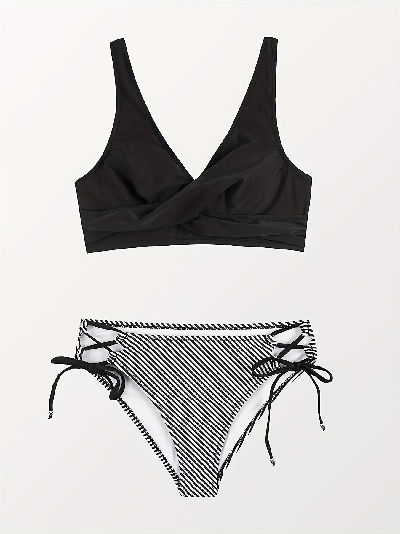 Striped Print Bikini Sets Criss Cross Tie Back High Cut Two Pieces Swimsuit