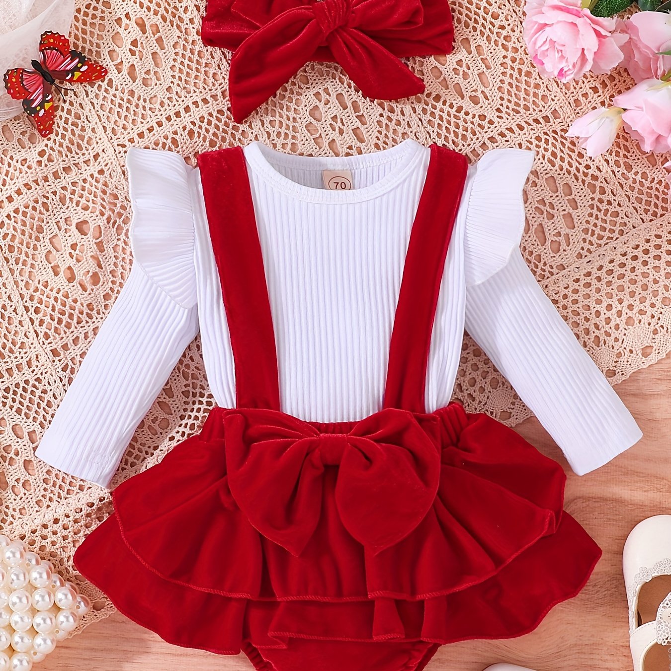 3pcs Baby Girls Tops & Suspender Skirt Onesie & Headband Set