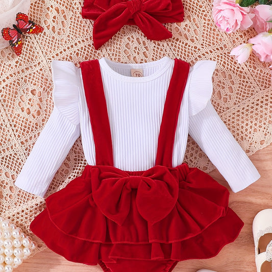 3pcs Baby Girls Tops & Suspender Skirt Onesie & Headband Set