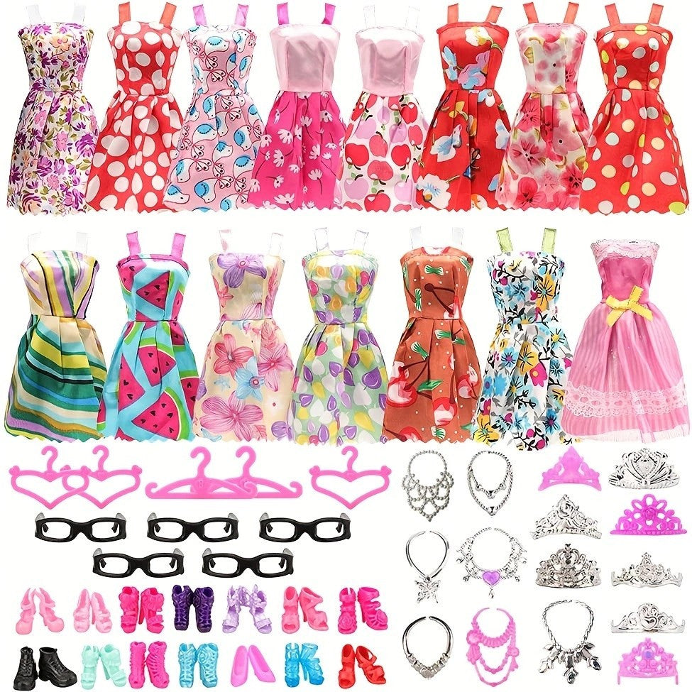 Doll Clothes & Accessories Set: Wedding Gown, Dresses, Shoes, Jewelry, Crowns