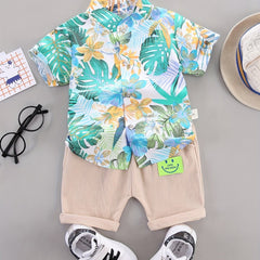 2pcs Baby Boys Cotton Flower Graphic Short Sleeve Casual Tees & Pants