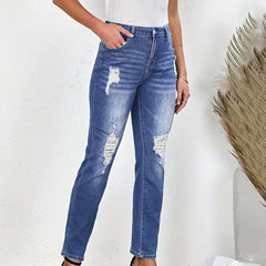Ripped Button Fly Mid Waisted Skinny High Stretch Jeans