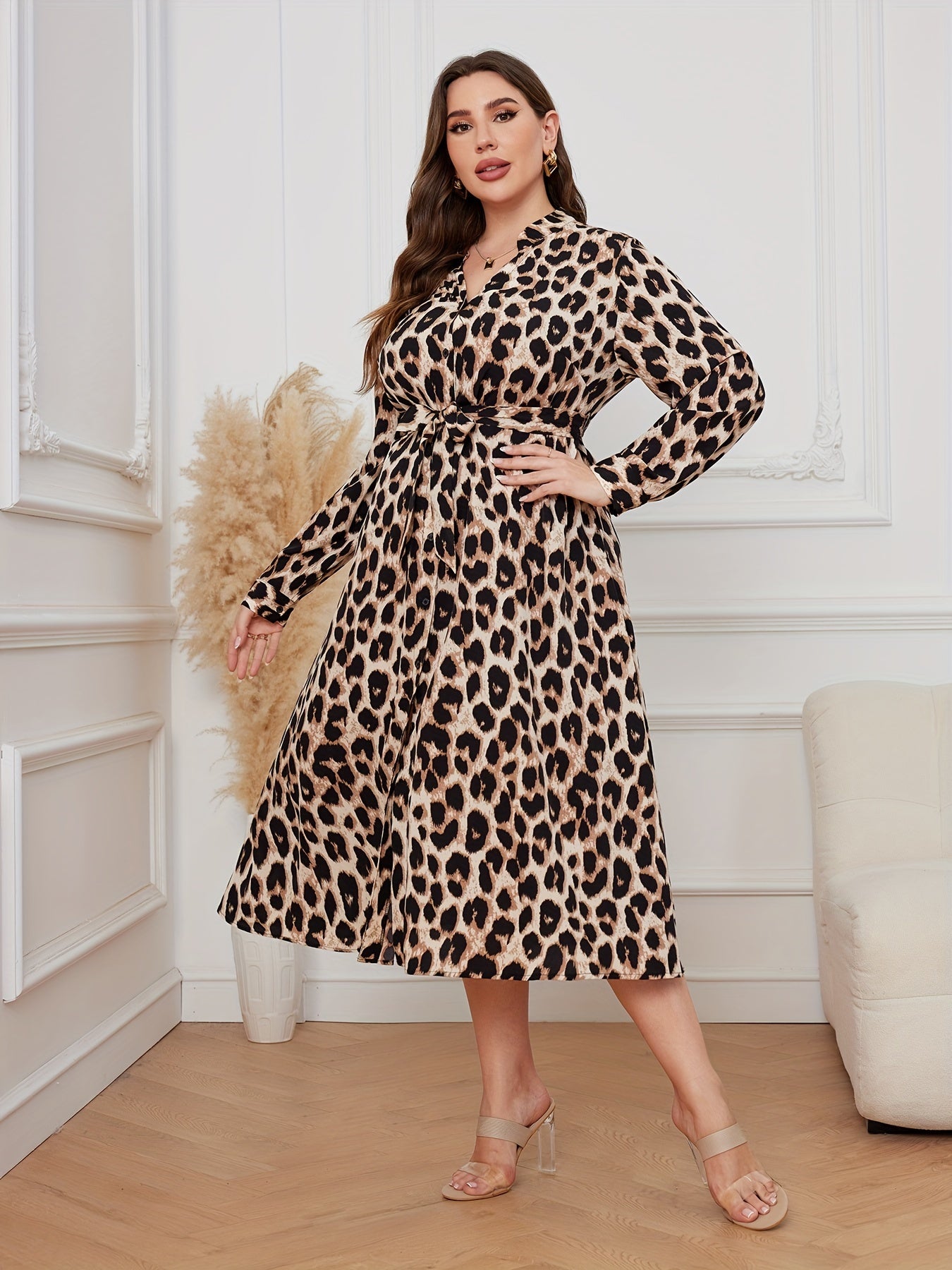 Leopard Print V Neck Midi Dress With Belt