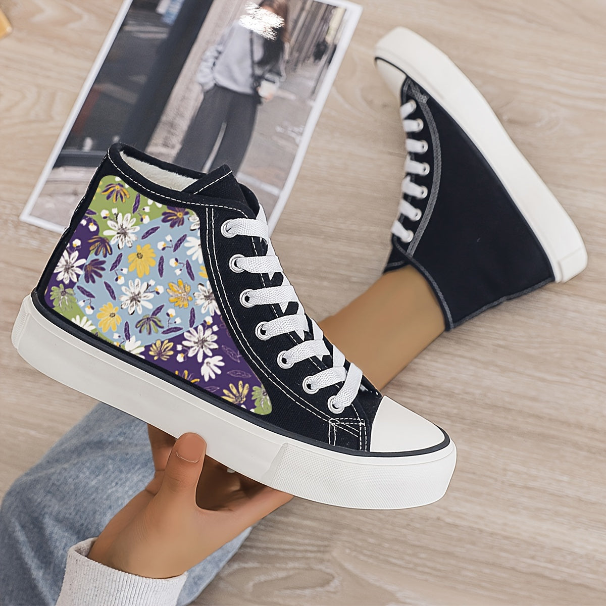 Girl's High Top Floral Skate Shoes Warm Plush Lining Non Slip Lace Up Sneakers