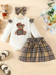3pcs Baby Girl Cartoon Bear Long-sleeved Top Skirt Set