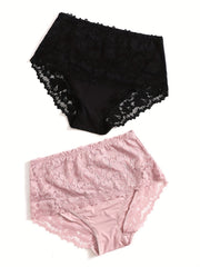 2 Pack Plus Size Lace Briefs Set Women's Mid Rise Breathable Panties