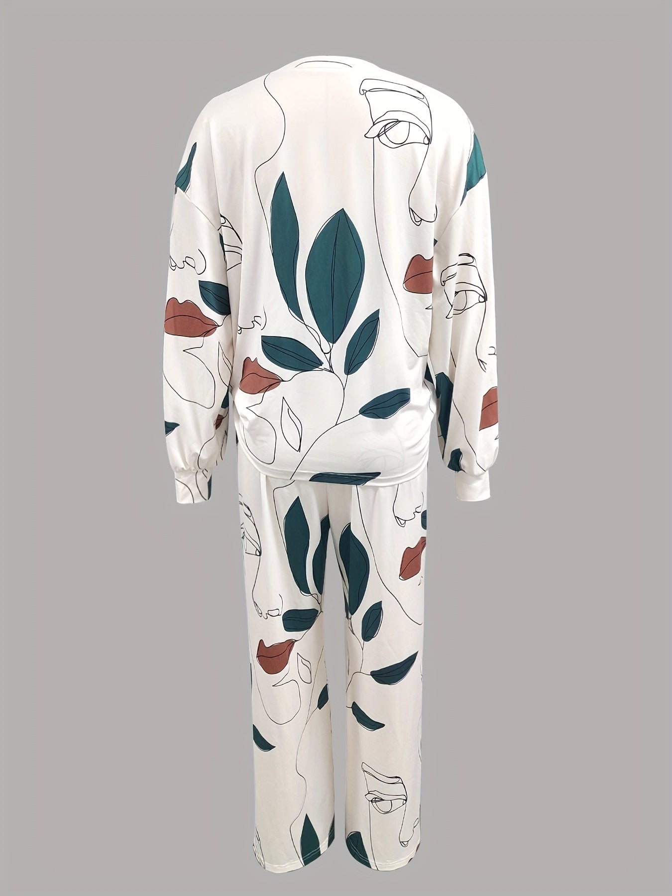 Sketch Face Print 2pc Set Crew Neck Long Sleeve Tops & Wide Leg Pants Outfits