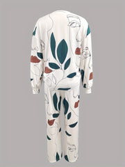 Sketch Face Print 2pc Set Crew Neck Long Sleeve Tops & Wide Leg Pants Outfits