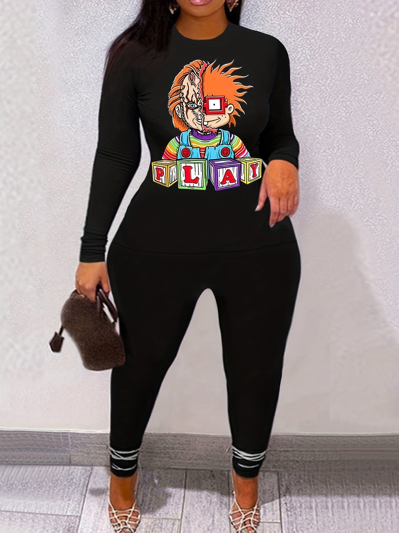 Cartoon Boy Print Two piece Set Casual Long Sleeve T-shirt & Leggings Outfit