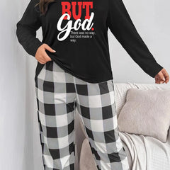 Slogan Print Tee & Plaid Pants Lounge Set