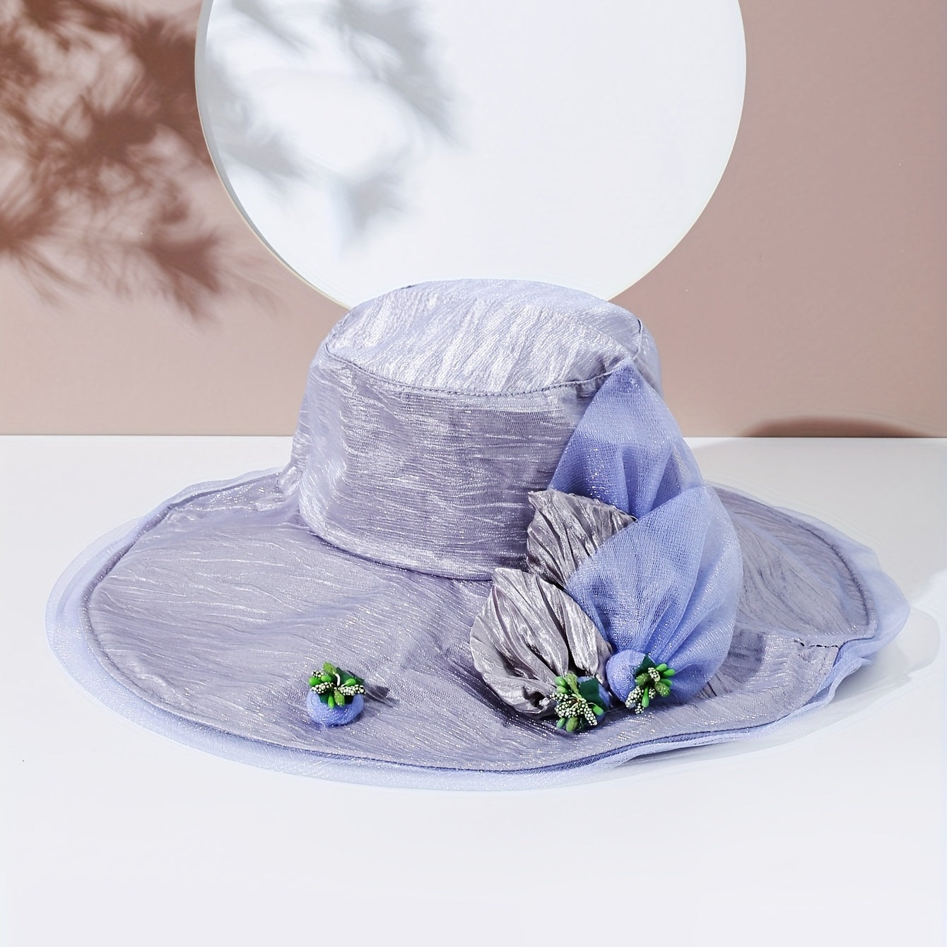 Purple Lace Sun Hat Flower Leaf Crinkle Bucket Hat Wide Brim