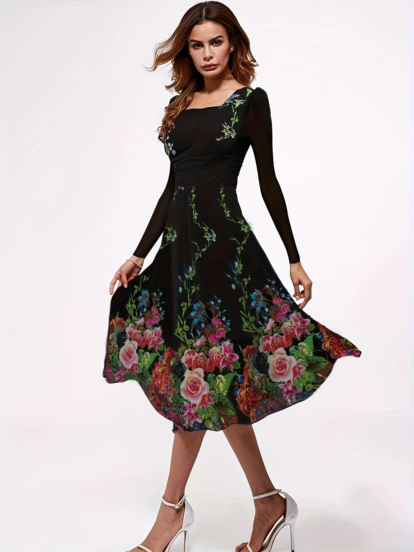 Floral Print Square Neck Midi Dress