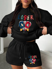 Women's Plus Letter Print Hoodie & Shorts 2 Piece Set