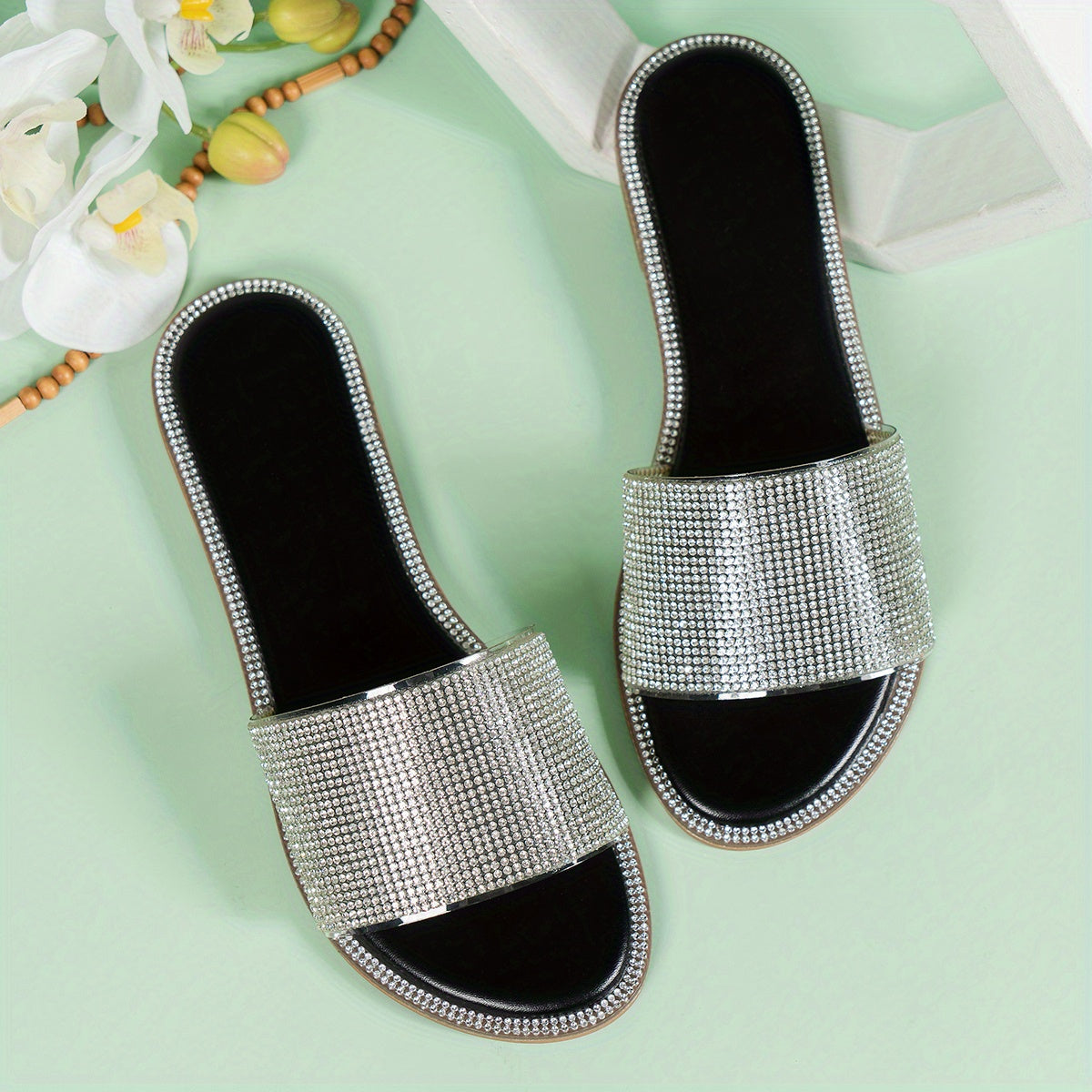 Women's Rhinestone Flat Slippers Glitter Open Toe Non slip Slides Shoes