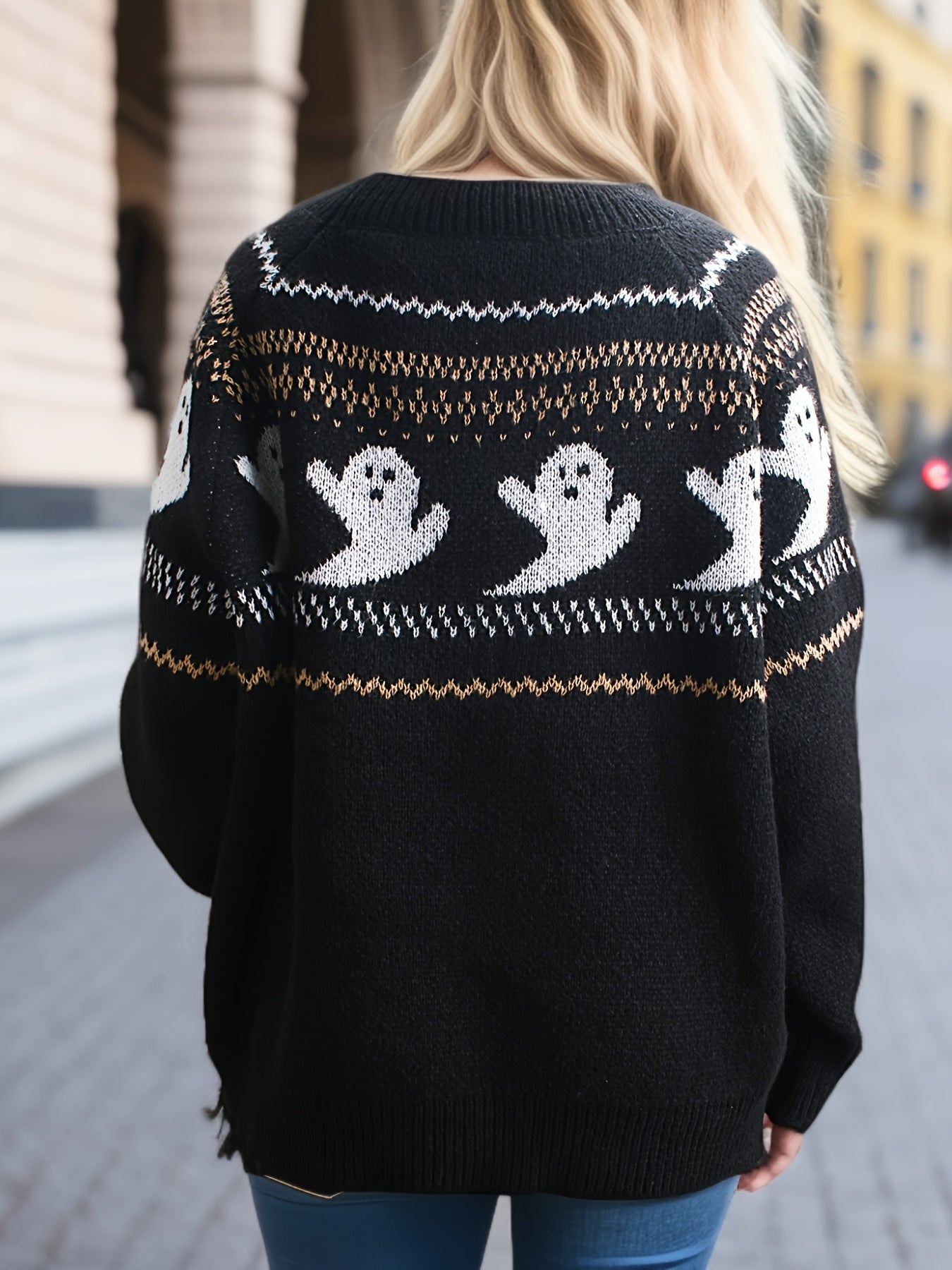 Women's Plus Ghost Print Sweater Round Neck Jumper