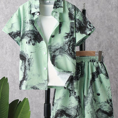 2pcs Boys Ink Painting Graphic Pocket Short Sleeve Shirt & Shorts Set