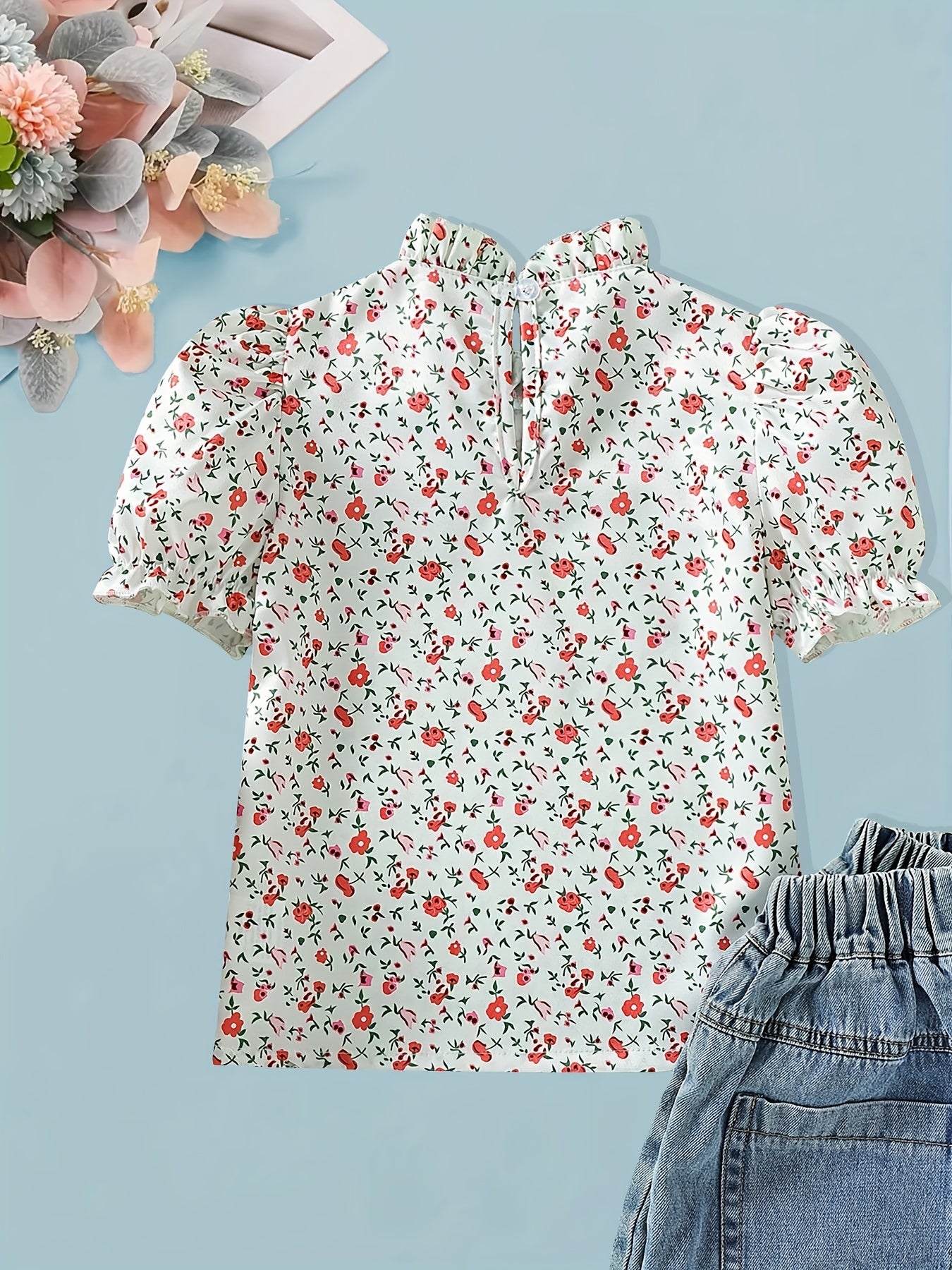Girl's Floral Short Sleeve Shirt with Bow and Keyhole Back